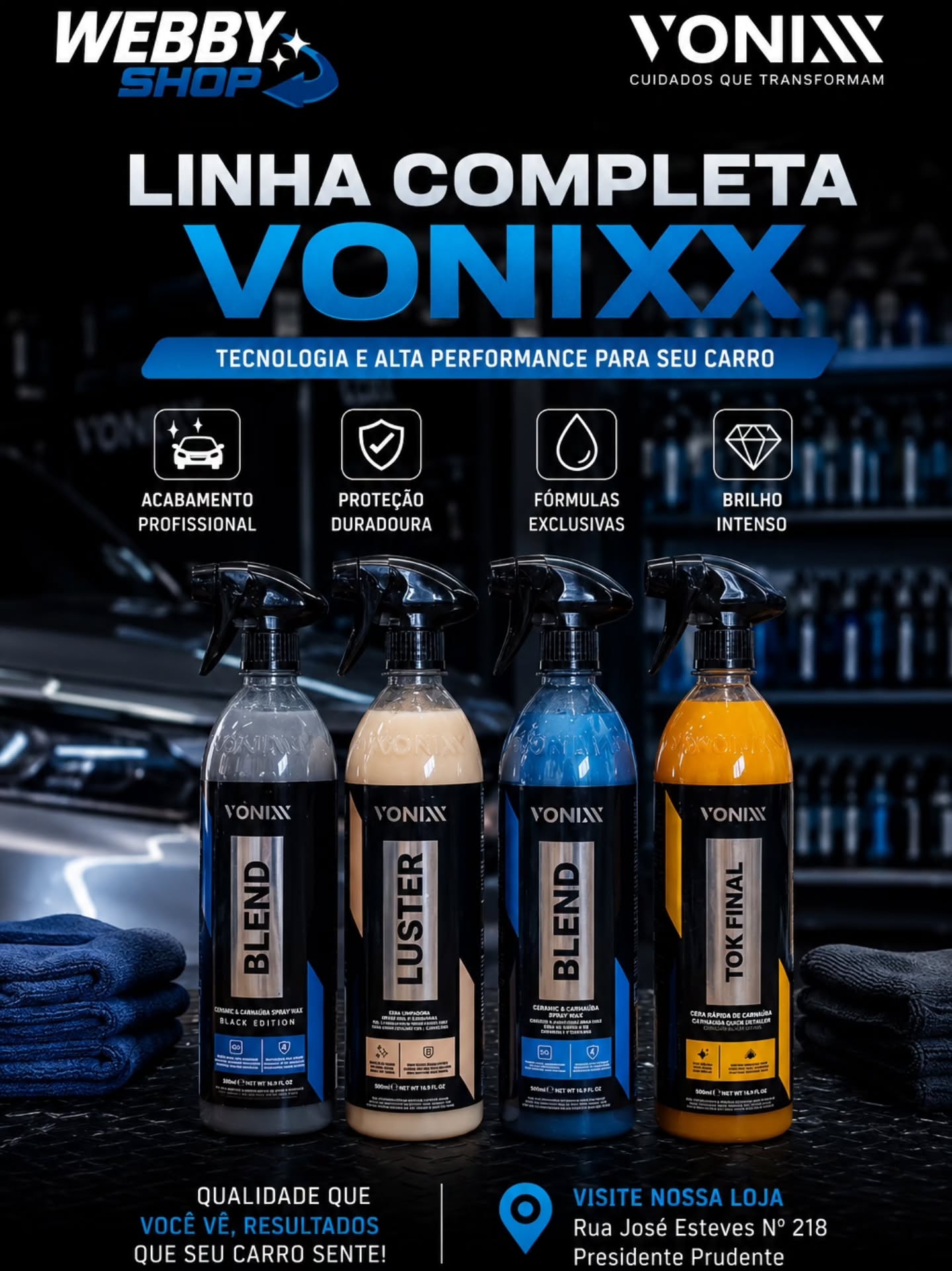 Linha completa Vonixx — Blend, Luster e Tok Final para estética automotiva
